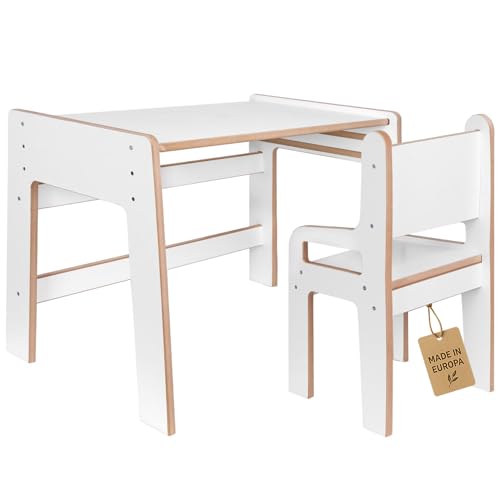 Kinderschreibtisch mit Stuhl, Montessori Tisch und Stuhl aus Holz – 3-Fach höhenverstellbar (45/50/55 cm), ergonomischer Lerntisch für Kinder ab 3 Jahren, laminierte Elemente, sicher & stabil von Unique Nature