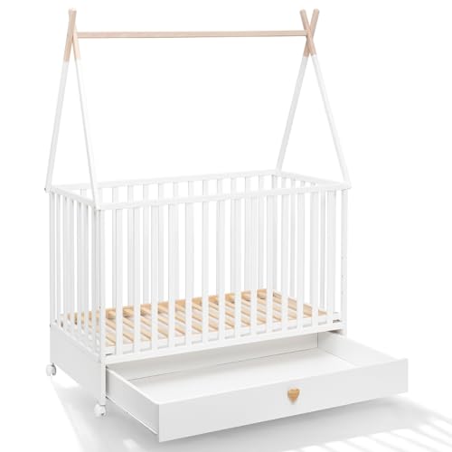 Unique Nature Dreamy Babybett 120x60 cm weiß mit Schublade, Matratze, Rollen & Sofa-Option – höhenverstellbar, massives Buchenholz, modernes Kinderbett im Tipi-Design Unique Nature Dreamy Babybett 120x60 cm weiß mit Schublade, Matratze, Rollen & Sofa-Option – höhenverstellbar, massives Buchenholz, modernes Kinderbett im Tipi-Design von Unique Nature