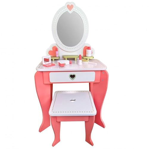 Unique Nature Kinderschminktisch „Aurora“ Holz Rosa/Rot 93x48,5x33 cm mit Spiegel, Stuhl & Zubehör – Schminktisch Kinderzimmer ab 3 Jahren EN71 geprüft von Unique Nature