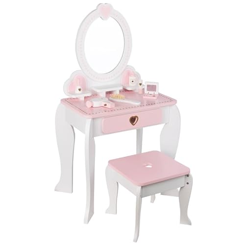 Unique Nature Kinderschminktisch Holz rosa 93x52x35 cm mit Spiegel, Schublade & Hocker 26x29x29 cm – Schminktisch Kinderzimmer ab 3 Jahren inkl. Zubehör von Unique Nature