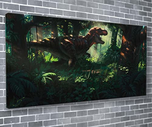 Unique Print Tier-Leinwandbild Jurassic Era T-Rex Running Through The Forest Dinosaurier Wandbild XXL fertig zum Aufhängen (130 x 61 cm) von Unique Print