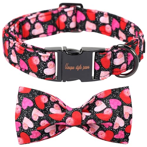 Unique style paws Hundehalsband zum Valentinstag mit Schleife, buntes Herz, für kleine, mittelgroße und große Hunde, Größe M, schwarze Schleife von Unique style paws