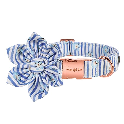 Unique style paws Hundehalsband mit Blume Blauer Streifen &Blume Welpenhalsband Bequemes Weiches Fliege Hundehalsband Kleine Mittlere Große Hunde-XL von Unique style paws