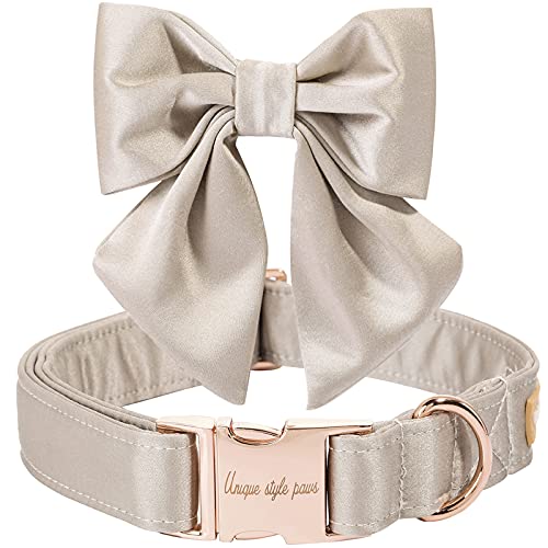 Unique style paws Seide Champagner Farbe Hundehalsband Verstellbares Durable Hundehalsband mit Schleife Hochzeit Fliege Hundehalsband für große Hunde von Unique style paws