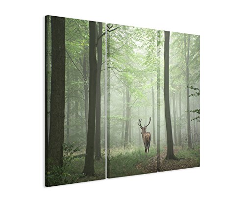 Unique 3 teiliges Bild Bilder gesamt 130x90cm Landschaftsfotografie – Hirsch im Nebelwald von Unique