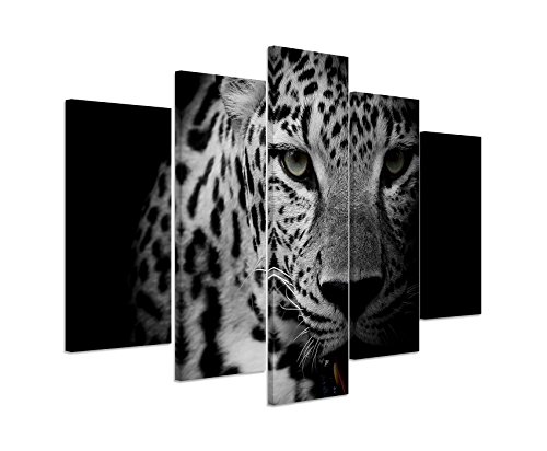 Bild Bilder 5 teilig gesamt 150x100cm Tierbilder – Porträt eines Leoparden schwarz weiß von Unique