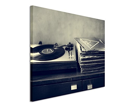 Unique Fotoleinwand 120x80cm Kunstbilder – Schallplattenspieler und Vinyl schwarz weiß von Unique