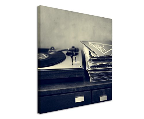 Unique Leinwandbilder quadratisch 60x60cm Kunstbilder – Schallplattenspieler und Vinyl schwarz weiß von Unique