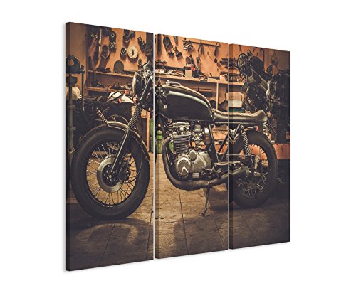 Unique 3 teiliges Bild Bilder gesamt 130x90cm Kunstbilder – Vintage Motorrad in der Garage von Unique