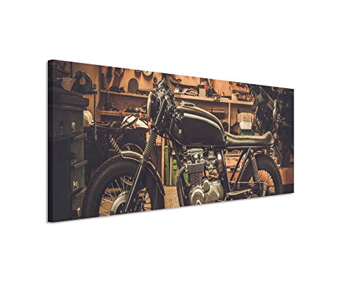 Unique Wunderschönes Wandbild 150x50cm Kunstbilder – Vintage Motorrad in der Garage von Unique