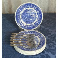 6 Keramik Teller .blue Burslem Seaforth . England .vintage 1930Er Jahre. Mit Satz Von Dessertgabeln von UniqueErasToYou