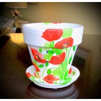 Hand Dekoriert Roter Mohn Blumentopf von UniqueHomeDecorBySue