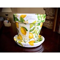 Zitrone Basilikum Blumentopf Decoupage Terra Cotta Übertopf Mit Untersetzer von UniqueHomeDecorBySue