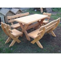 Gartenmöbel, Holzsitzgruppe 140, Tisch +2 Sitzbänke + 2 Stühle. Naturholz von Uniquemoebel