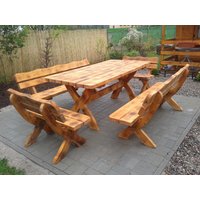 Gartenmöbel Ar-Oj Holzgartenmöbel, Holzsitzgruppe, Tisch +2 Bänke + 2 Kleine Bänke. Farbe Geflammt von Uniquemoebel
