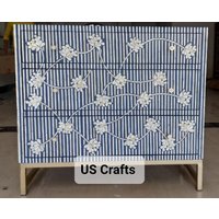 Knochen Intarsien Blumen Design Kommode Mit 3 Schubladen in Indigo Blau, Inlay Kommode von UniquesolutionCrafts