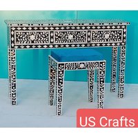 Perlmutt Intarsien Arbeit Floral Designe Eingang Tisch Und Hocker Schwarz, Inlay Floral Schreibtisch von UniquesolutionCrafts