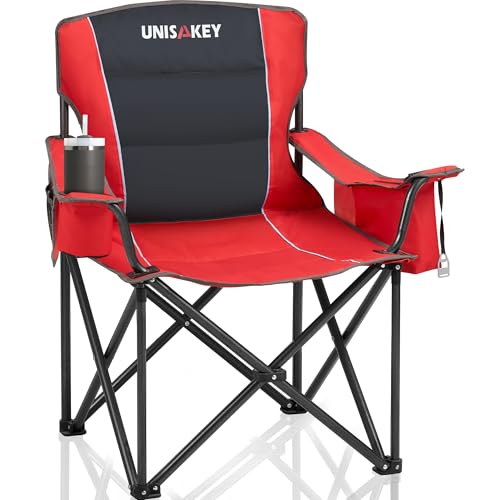 Unisakey Übergroßer faltbarer Campingstuhl mit Kühltasche & Getränkehalter – 204 kg Kapazität, 600D Oxford-Gewebe, tragbarer Schaukelstuhl für Angeln, Camping, Strand, Garten, Rot von Unisakey