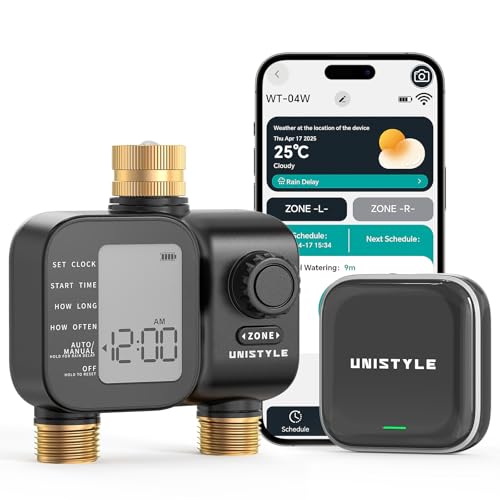 Unistyle Bewässerungscomputer WLAN 2 Ausgänge mit Messing einlass auslass, Smart Zeitschaltuhr Bewässerung mit APP, Automatischem Bewässerungsuhr für Garten Rasensprenger Bewässerungssystem von Unistyle
