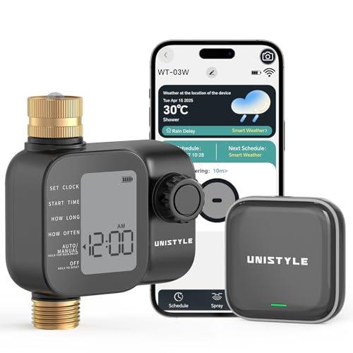 Unistyle Bewässerungscomputer WLAN mit Messing einlass auslass, Smart Zeitschaltuhr Bewässerung mit APP, Automatischem Bewässerungsuhr für Garten Rasensprenger Bewässerungssystem, mit Sprachsteuerung von Unistyle