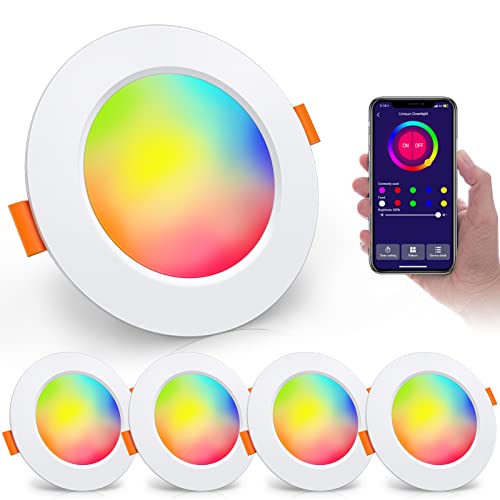 Unisun LED Einbaustrahler Dimmbar, 7W 4er Set Bluetooth RGB LED Spot, IP44 Spots Deckenleuchte 230V Warmweiß 2700K Mini Slim Decken Spot Einbauleuchte für Badezimmer Wohnzimmer Küche Geeignet von Unisun