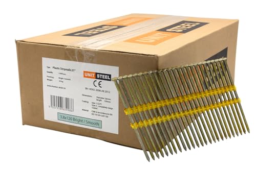 UnitSteel Streifennägel - 3,8X120mm, 2.000 stück, 21° Rundkopf Nägel für Druckluft-Nagler, Blank/glatt, für fast alle Marken von Tackern von UnitSteel