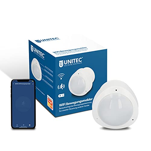 UNITEC WIFI Bewegungs-Melder Infrarot mit Alarm, sendet Benachrichtigung aufs Smartphone, WLAN fähig, Batteriebetrieben, Alexa/Hey Google kompatibel, ‎Weiß von Unitec