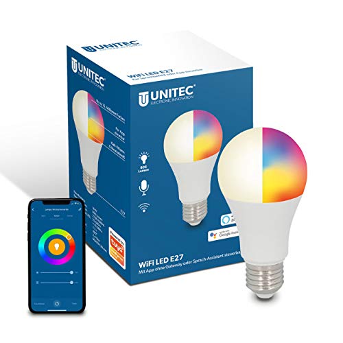 UNITEC WIFI LED Glühbirne E27 CCT RGB, dimmbare WLAN Lampe, Farbwechsel, Kalt-/Warm-/Neutralweiß, mit Timer und Zeitschaltuhr von Unitec