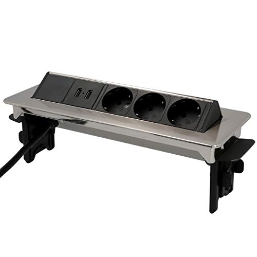 Unitec Versenkbare Steckdosenleiste horizontal | 2 USB Ladebuchsen | 3 Steckdosen | beiliegende Halteklappen | Anschlussleitung und Netzstecker von Unitec