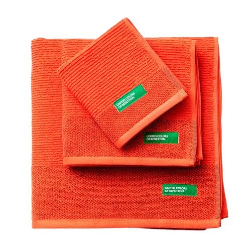 United Colors of Benetton. 3-teiliges Badetuch-Set (Schminktisch 30 x 50 cm + Hände 50 x 90 cm + Bad 70 x 140 cm), 450 g/m², 100% Baumwolle, Rot 'Rainbow' von United Colors of Benetton