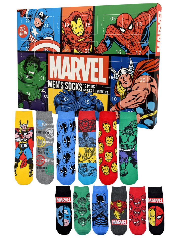 United Labels® Adventskalender Marvel Socken Adventskalender mit 12 Paar Socken kurz und lang von United Labels®