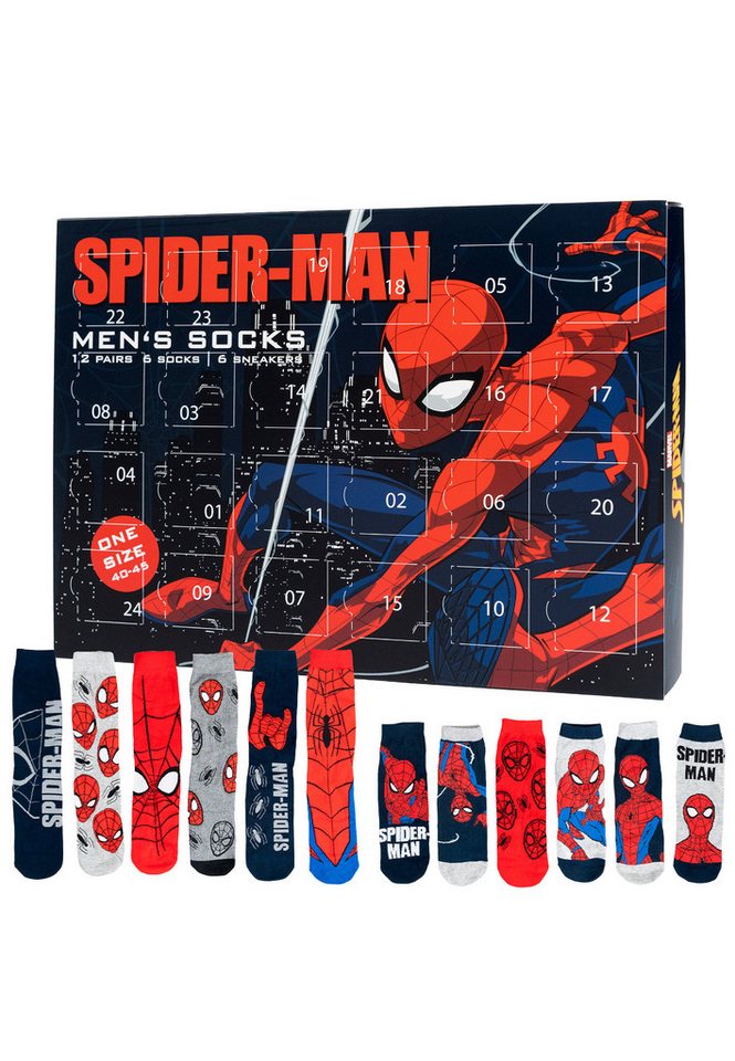 United Labels® Adventskalender Marvel Spiderman Socken Adventskalender mit 12 Paar kurz und lang von United Labels®