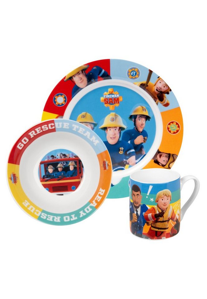 United Labels® Frühstücks-Geschirrset Feuerwehrmann Sam Frühstücksset für Kinder - Geschirr Set 3-tlg, Porzellan von United Labels®