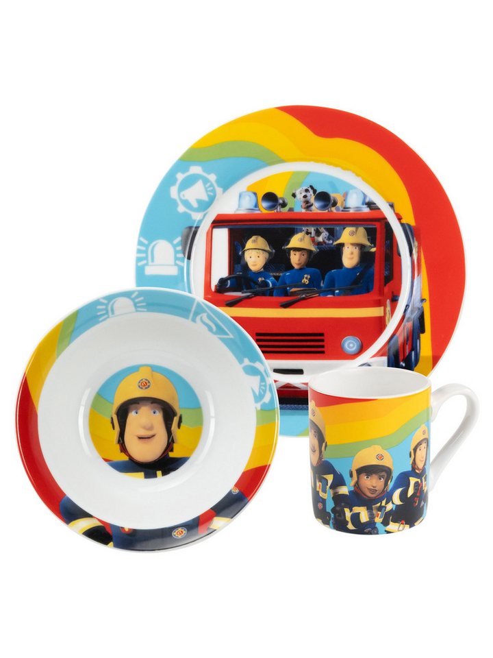 United Labels® Frühstücks-Geschirrset Feuerwehrmann Sam - Rainbow - Set 3-teilig, 1 Personen, Porzellan von United Labels®