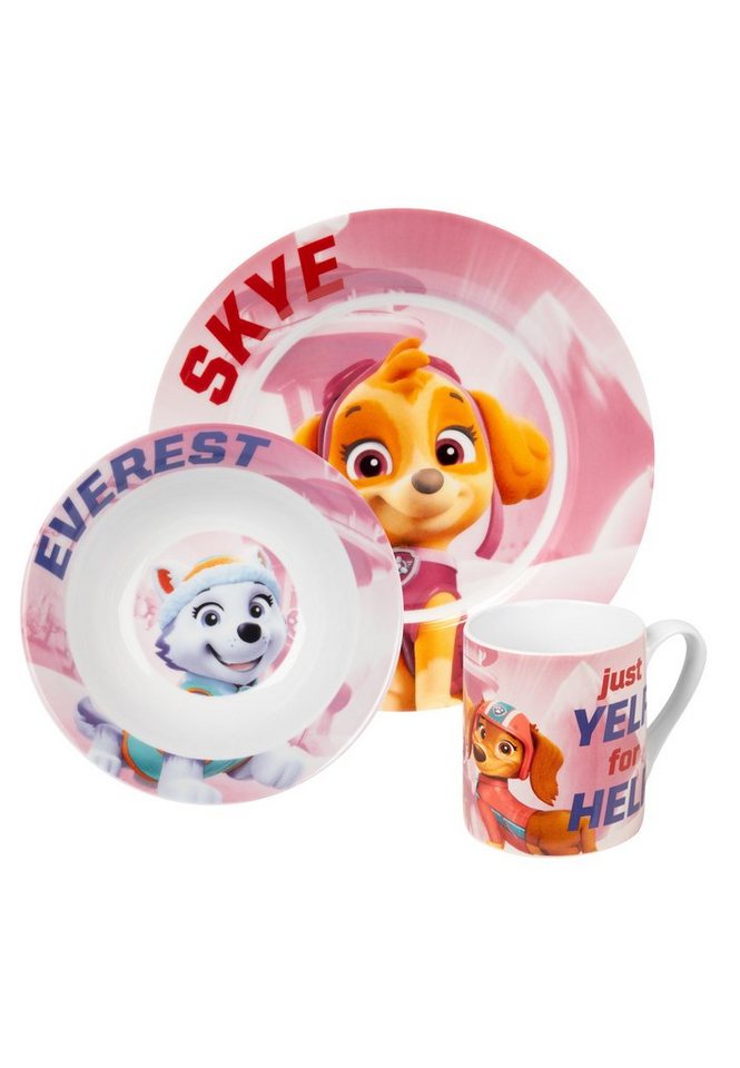 United Labels® Frühstücks-Geschirrset Paw Patrol - Just yelp for help - Skye, Everest, Liberty -Set, 3-tlg, 1 Personen, Porzellan von United Labels®