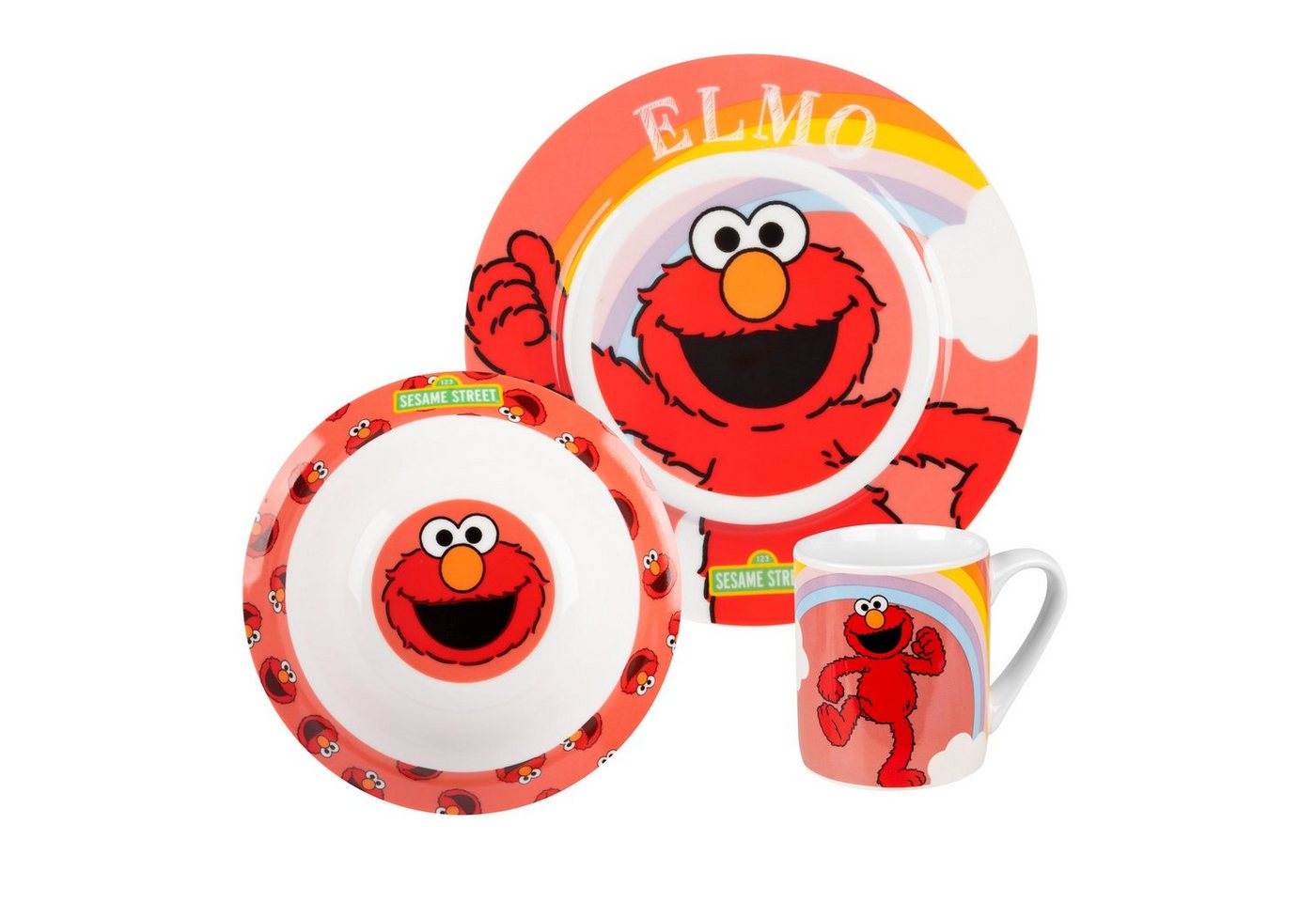 United Labels® Frühstücks-Geschirrset Sesamstraße Frühstücksset - Elmo Kinder Geschirr Set 3-tlg., Porzellan von United Labels®