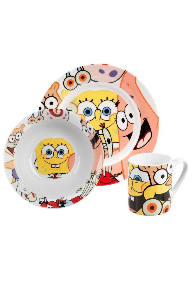 United Labels® Frühstücks-Geschirrset Spongebob Schwammkopf Frühstücksset - Kinder Geschirr Set 3-tlg., Porzellan von United Labels®