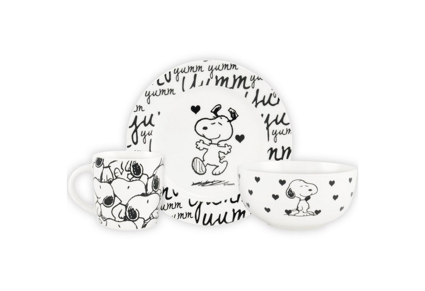 United Labels® Frühstücks-Geschirrset The Peanuts Frühstücksset - Snoopy Geschirr Set 3-teilig Teller, Schale & Tasse aus Porzellan Weiß/Schwarz, Porzellan von United Labels®