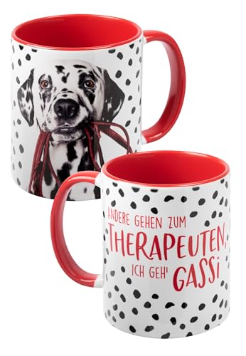 Hunde Tasse - Dalmatiner - Andere gehen zum Therapeuten, ich geh Gassi Kaffeetasse Becher Kaffeebecher aus Keramik Weiß Rot 320 ml von United Labels