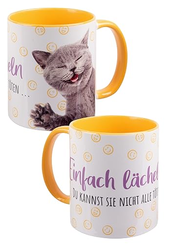 Katzen Tasse - Einfach lächeln Du kannst sie nicht alle töten - Katze Kaffeetasse Becher Kaffeebecher aus Keramik Gelb Weiß 320 ml von United Labels