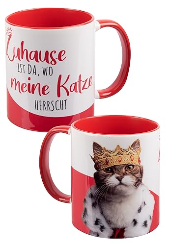 Katzen Tasse - Zuhause ist da, wo meine Katze herrscht - Kaffeetasse Becher Kaffeebecher aus Keramik Rot Weiß 320 ml von United Labels