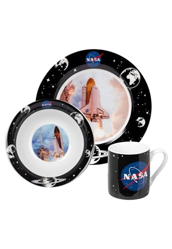 United Labels NASA 3-teiliges Geschirrset, Schwarz Blau, Frühstücksset aus Porzellan mit Teller Ø 19 cm, Tasse 220 ml und Schale 330 ml, Geschirr Set von United Labels