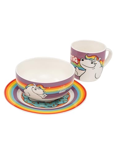 United Labels Pummel & Friends Pummeleinhorn 3-teiliges Geschirrset, Rainbow, Frühstücksset aus Porzellan mit Teller Ø 19 cm, Tasse 220 ml und Schale 330 ml, Geschirr Set von United Labels