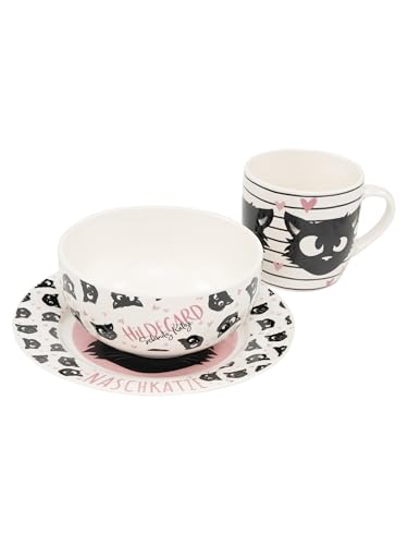 United Labels Ralf Schmitz 3-teiliges Geschirrset, Weiß, Hildegard Katze Frühstücksset aus Porzellan mit Teller Ø 19 cm, Tasse 220 ml und Schale 330 ml, Geschirr Set von United Labels