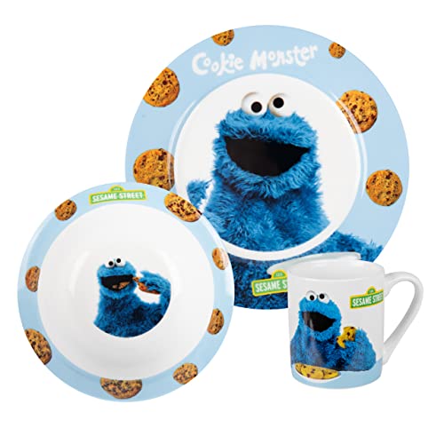 United Labels Krümelmonster Frühstücksset Kinder, mit Krümelmonster und Keksen, Geschirr Set Porzellan, 3-teilig mit Teller, Schale und Tasse, spülmaschinenfest und mikrowellengeeignet von United Labels