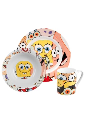 United Labels Spongebob Schwammkopf Frühstücksset Kinder, mit Spongebob, Geschirr Set Porzellan, 3-teilig mit Teller, Schale und Tasse, spülmaschinenfest und mikrowellengeeignet von United Labels