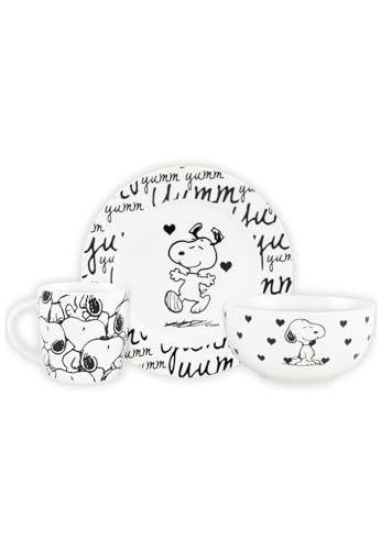 The Peanuts Frühstücksset - Snoopy Collection Geschirr Set 3-teilig Teller, Schale & Tasse aus Porzellan Schwarz Weiß von United Labels