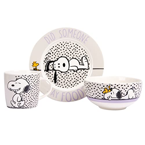 The Peanuts Frühstücksset Snoopy - Did someone say food! Geschirr Set 3-teilig Teller, Schale & Tasse aus Porzellan Weiß von United Labels