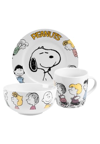 The Peanuts Frühstücksset Snoopy - Family - Geschirr Set 3-teilig Teller, Schale & Tasse aus Porzellan Weiß von United Labels