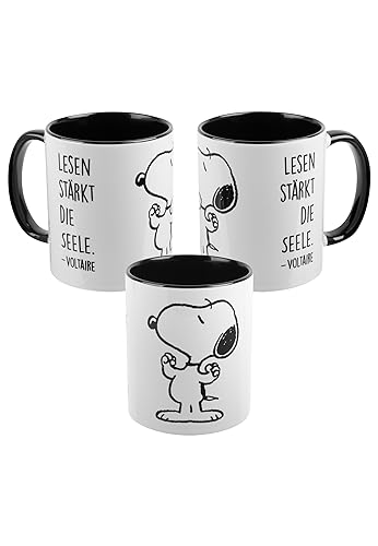 The Peanuts Tasse Snoopy - Lesen stärkt die Seele Kaffeetasse Becher Kaffeebecher aus Keramik Schwarz Weiß 320 ml von United Labels